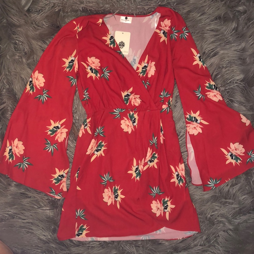 Red Bell Sleeve Floral Dress